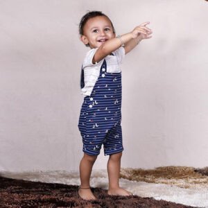 MATRIKAA Baby Organic Cotton Dungaree Set with T-Shirt for Unisex Baby Boys/Baby Girls (18-24 Months, Navy with White)